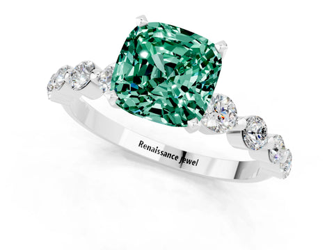 White gold Cushion Cut Solitaire Green Sapphire Ring with Pave Band and Four-Prong Setting_1