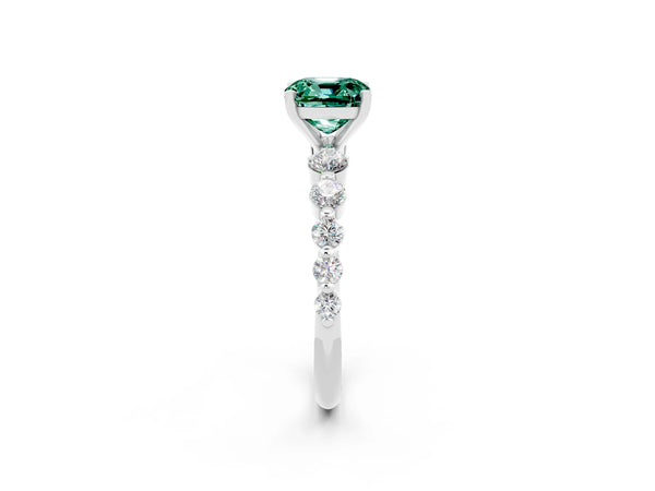 White gold Cushion Cut Solitaire Green Sapphire Ring with Pave Band and Four-Prong Setting