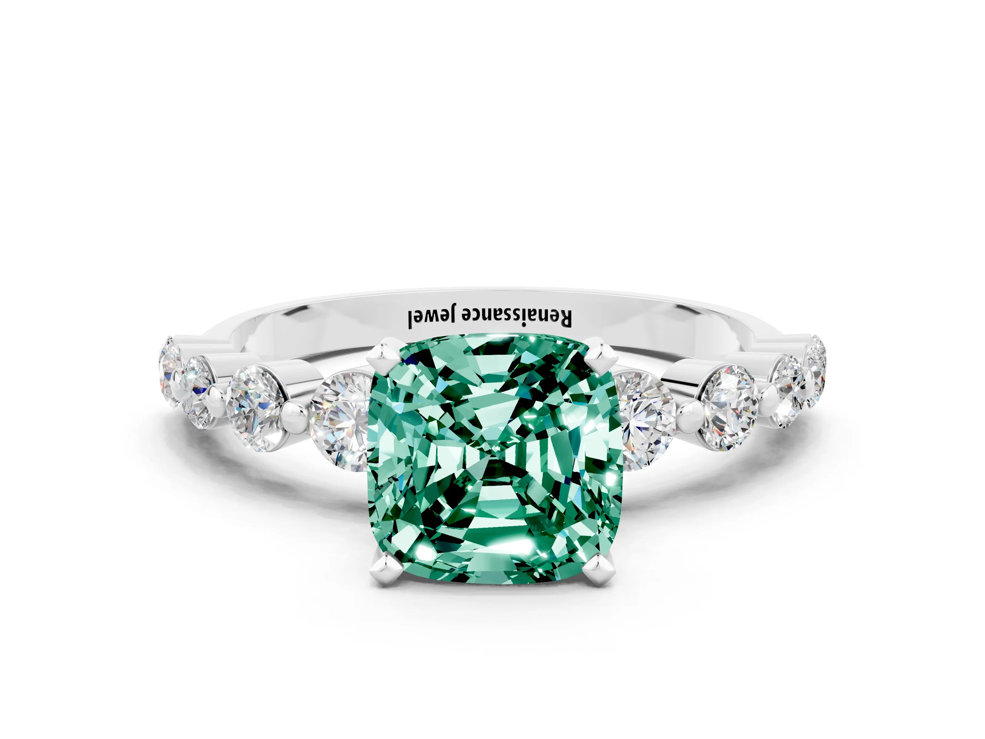 White gold Cushion Cut Solitaire Green Sapphire Ring with Pave Band and Four-Prong Setting
