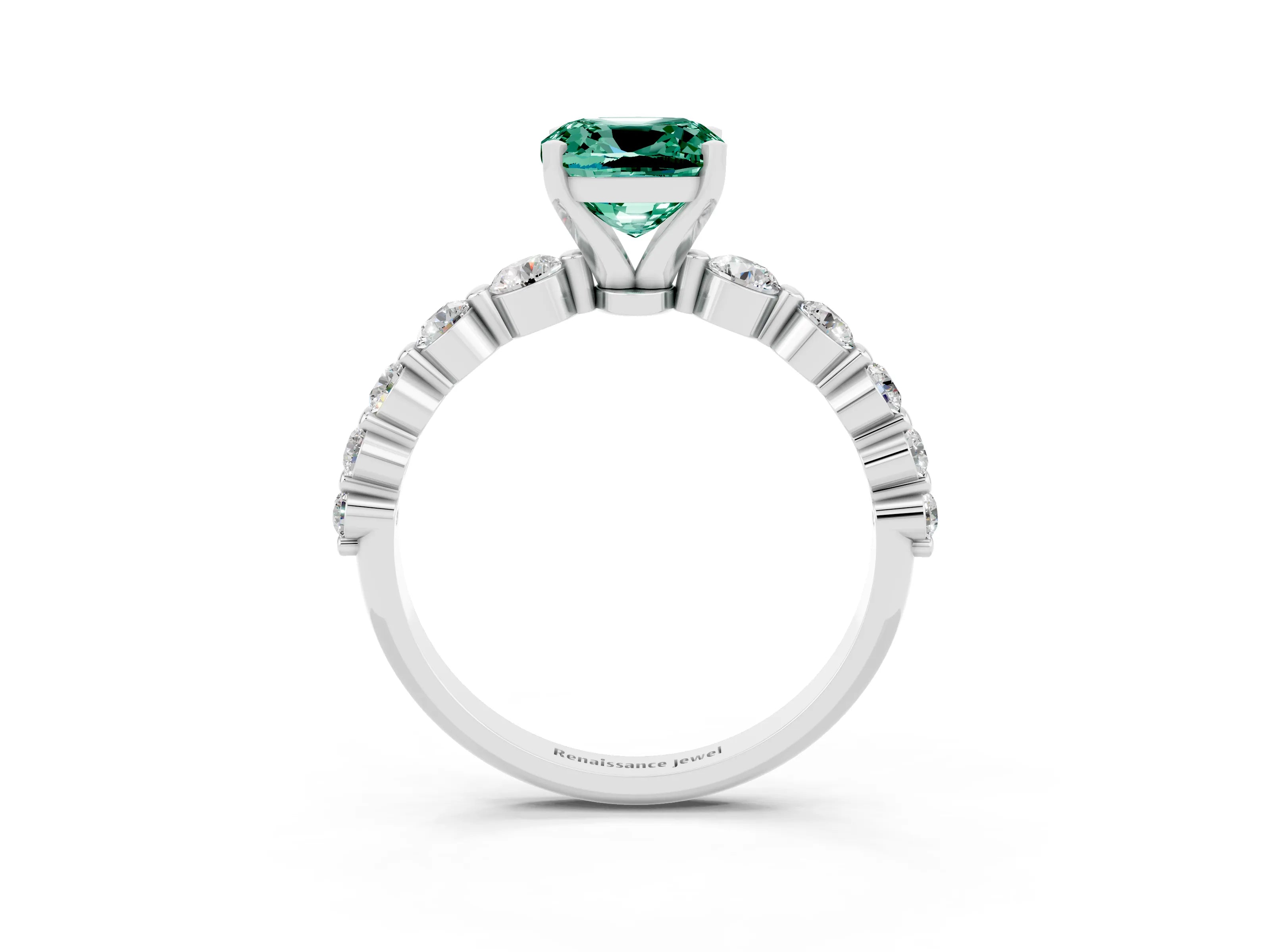 White gold Cushion Cut Solitaire Green Sapphire Ring with Pave Band and Four-Prong Setting_3