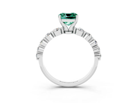 White gold Cushion Cut Solitaire Green Sapphire Ring with Pave Band and Four-Prong Setting_3