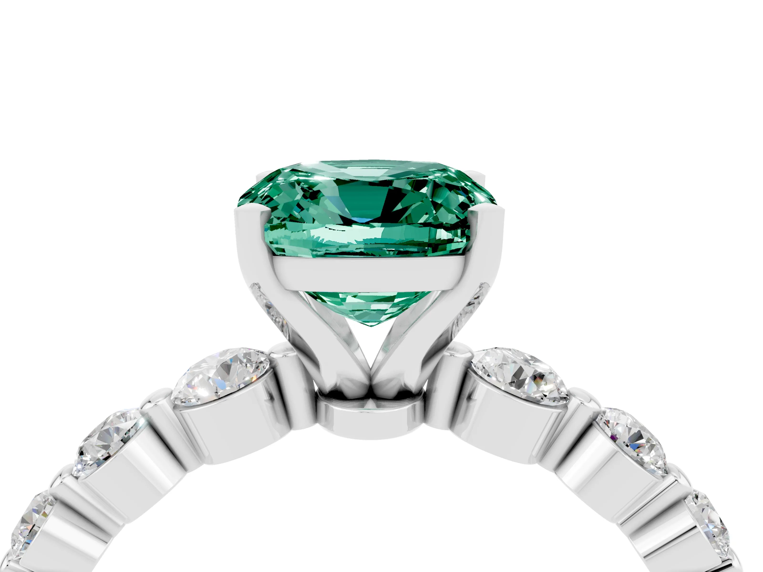 White gold Cushion Cut Solitaire Green Sapphire Ring with Pave Band and Four-Prong Setting_4