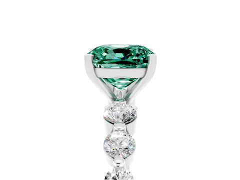 White gold Cushion Cut Solitaire Green Sapphire Ring with Pave Band and Four-Prong Setting_5