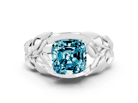 White gold Cushion Cut Solitaire Leaf-Inspired Engagement Ring with Prong Setting