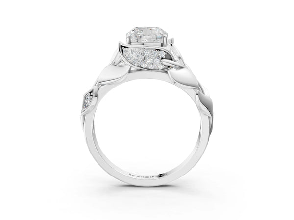 White Gold Cushion Cut Leaf Bypass Engagement Ring Setting with Pave Leaf Panels