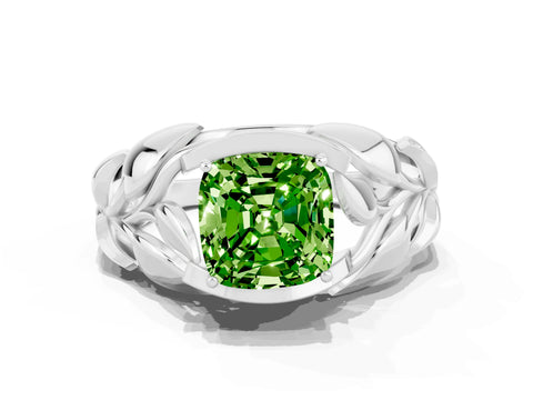 White gold Cushion Cut Solitaire Leaf-Inspired Engagement Ring with Prong Setting