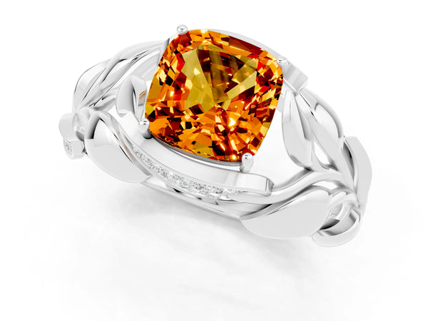Platinum Cushion Cut Citrine Leaf-Inspired Engagement Ring with Round Accents and Prong Setting