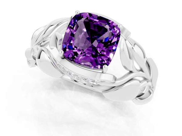 Platinum Cushion Cut Amethyst Leaf-Inspired Engagement Ring with Round Accents and Prong Setting