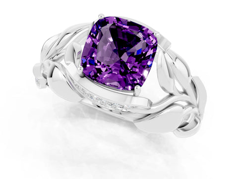 White gold Cushion Cut Solitaire Leaf-Inspired Engagement Ring with Prong Setting_1