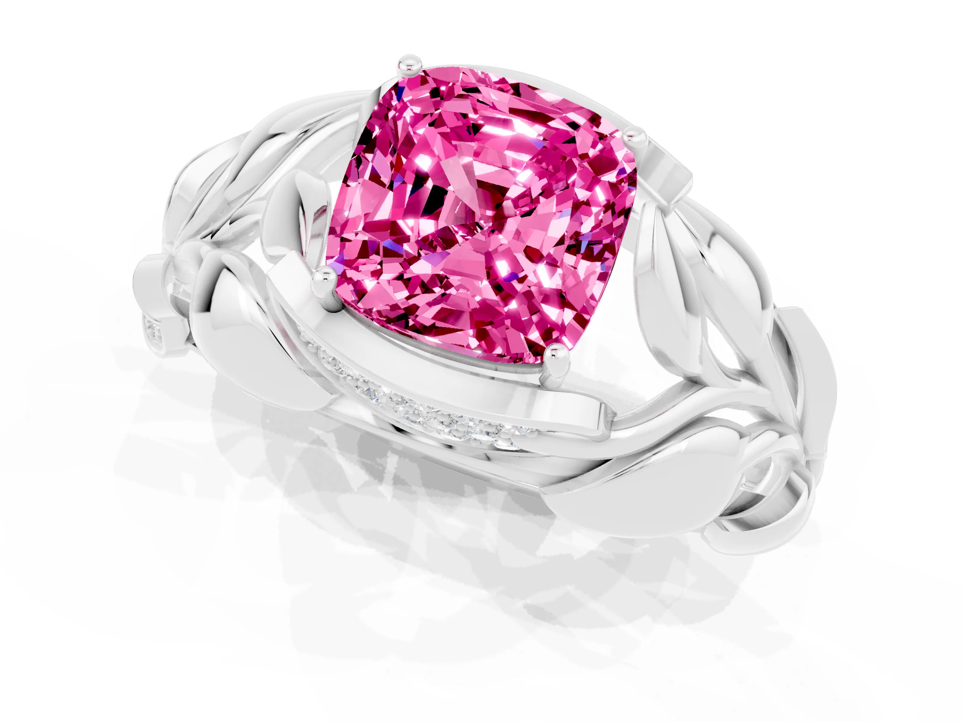 White gold Cushion Cut Solitaire Leaf-Inspired Engagement Ring with Prong Setting_1
