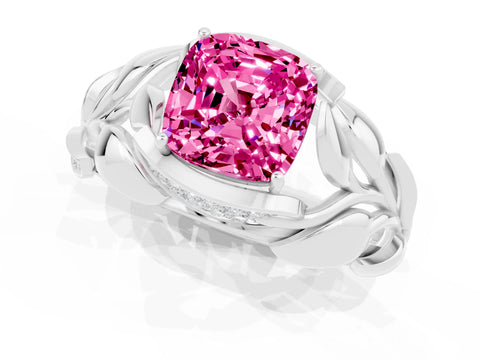 White gold Cushion Cut Solitaire Leaf-Inspired Engagement Ring with Prong Setting_1