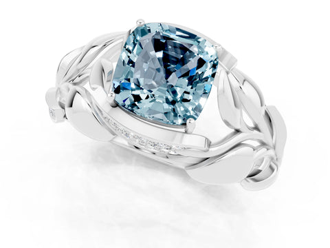 White gold Cushion Cut Solitaire Leaf-Inspired Engagement Ring with Prong Setting_1