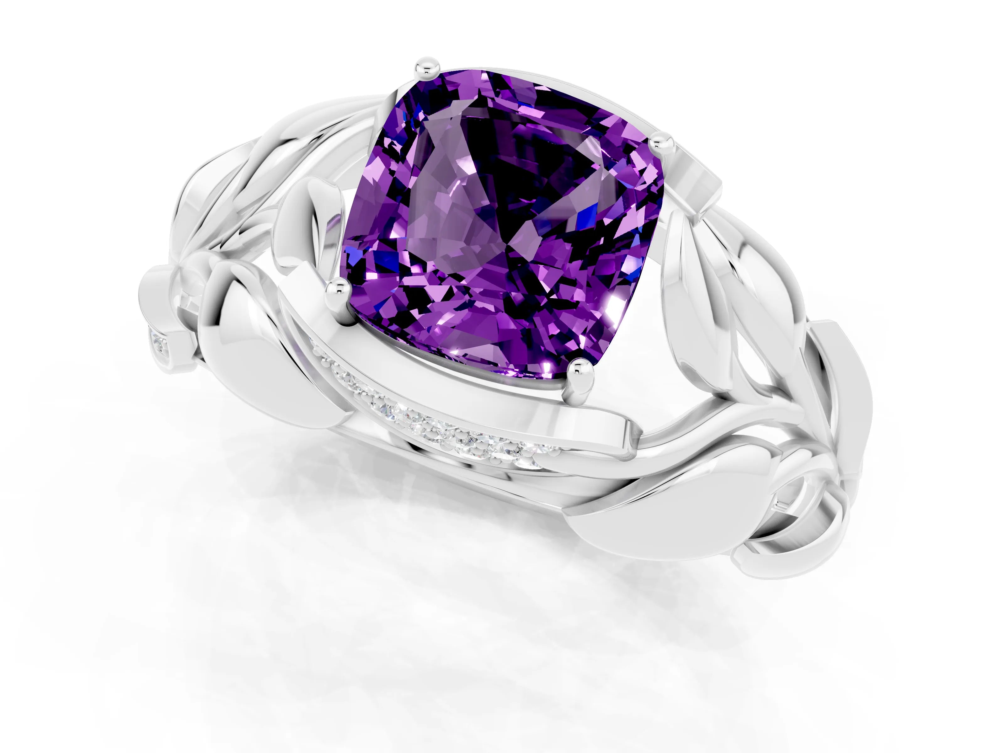 White gold Cushion Cut Solitaire Leaf-Inspired Engagement Ring with Prong Setting_1