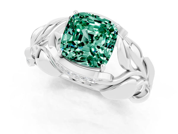 White gold Cushion Cut Green Sapphire Leaf-Inspired Engagement Ring with Round Accents and Prong Setting