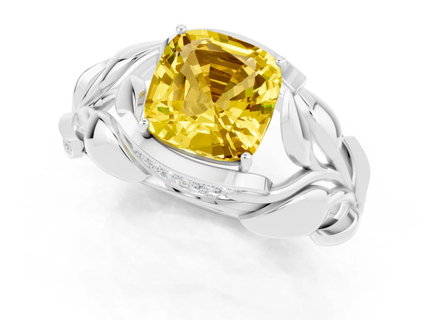 Silver Cushion Cut Yellow Sapphire Leaf-Inspired Engagement Ring with Round Accents and Prong Setting