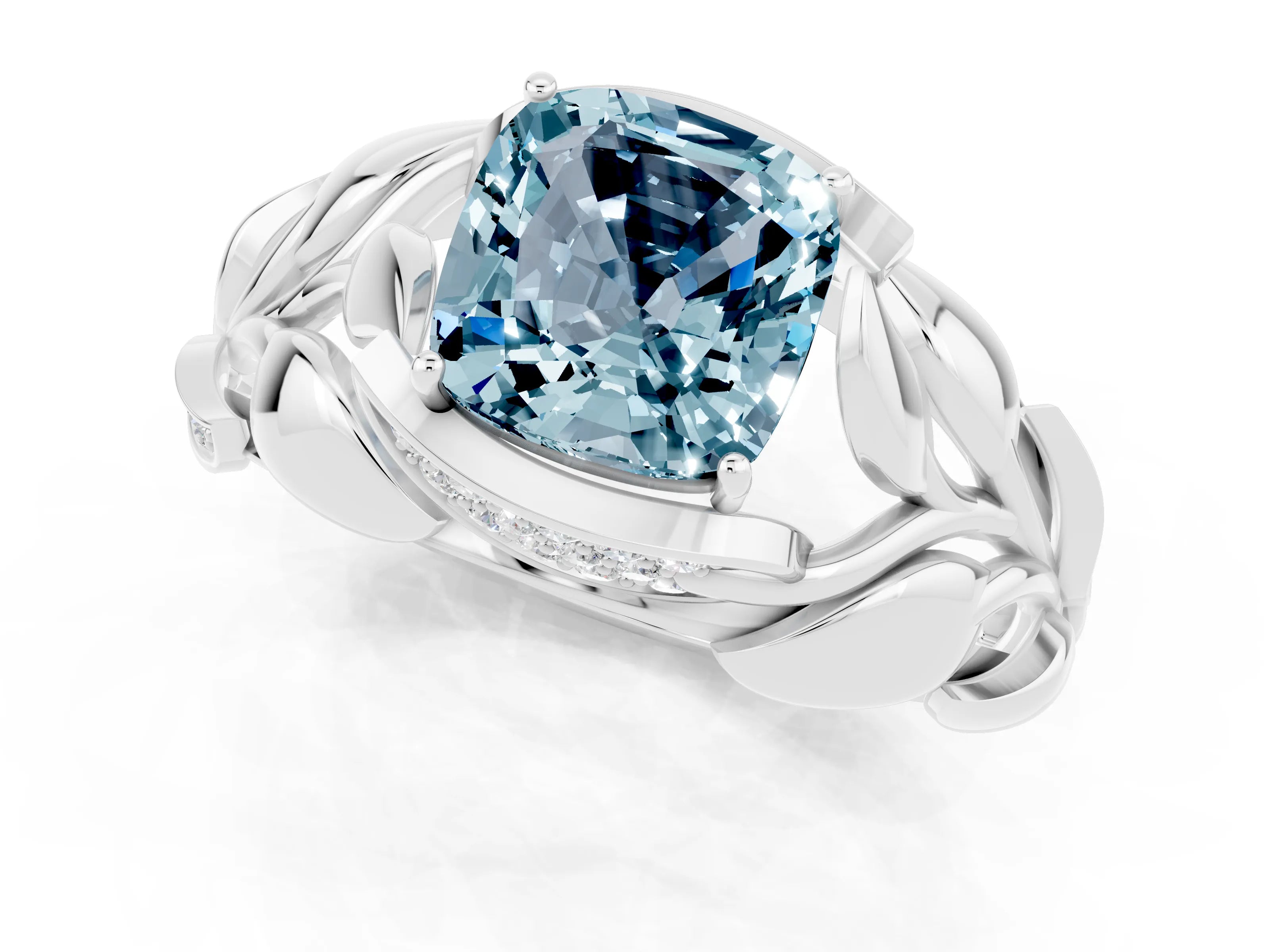 White gold Cushion Cut Solitaire Leaf-Inspired Engagement Ring with Prong Setting_1