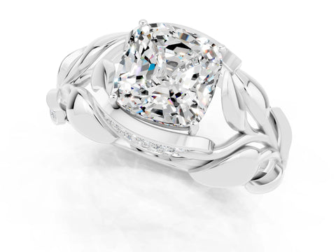 White gold Cushion Cut Solitaire Leaf-Inspired Engagement Ring with Prong Setting_1