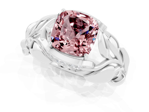 Silver Cushion Cut Solitaire Leaf-Inspired Engagement Ring with Prong Setting