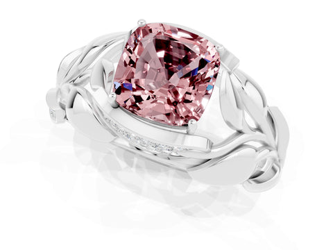 White gold Cushion Cut Solitaire Leaf-Inspired Engagement Ring with Prong Setting_1