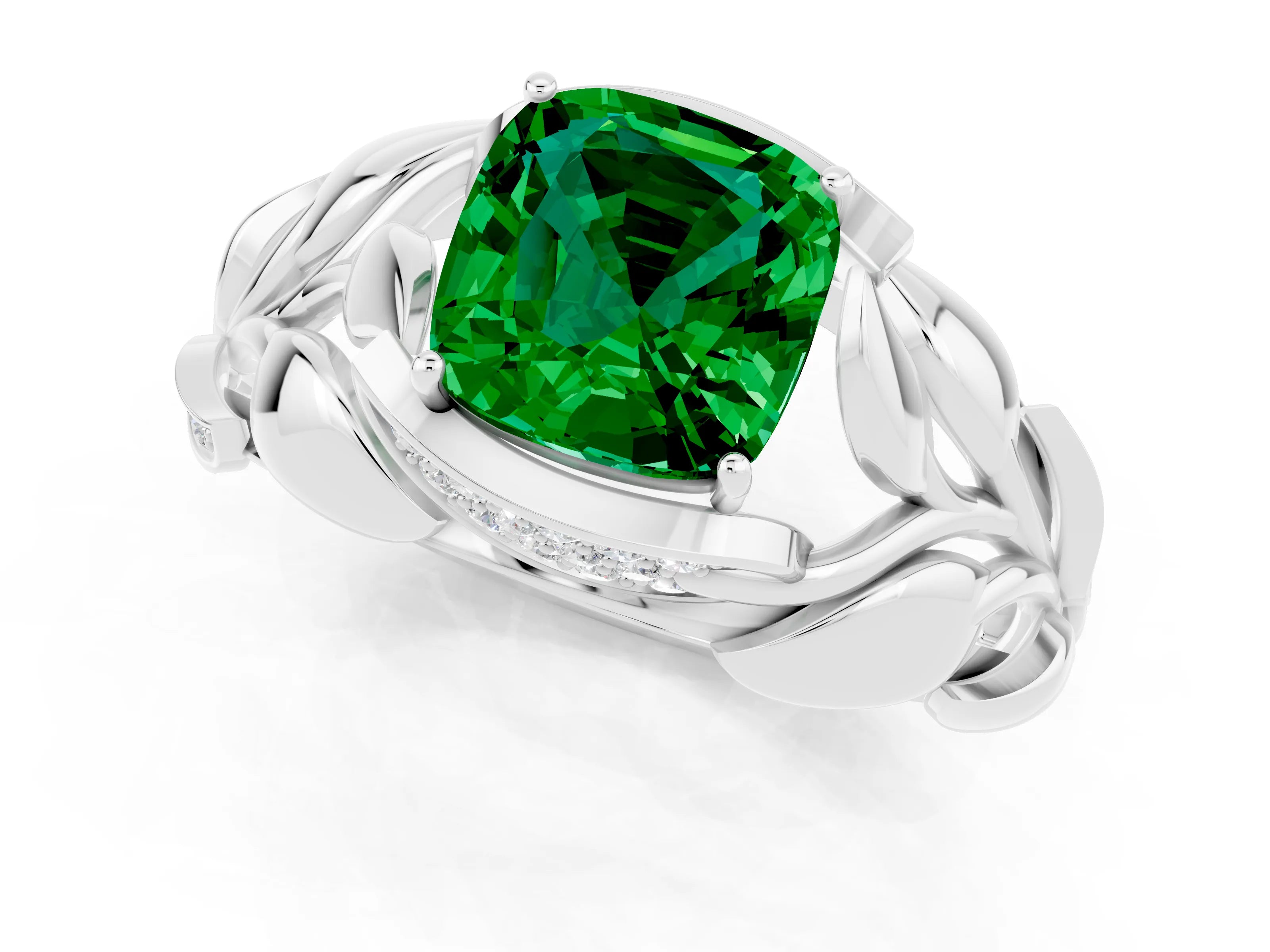 White gold Cushion Cut Solitaire Leaf-Inspired Engagement Ring with Prong Setting_1