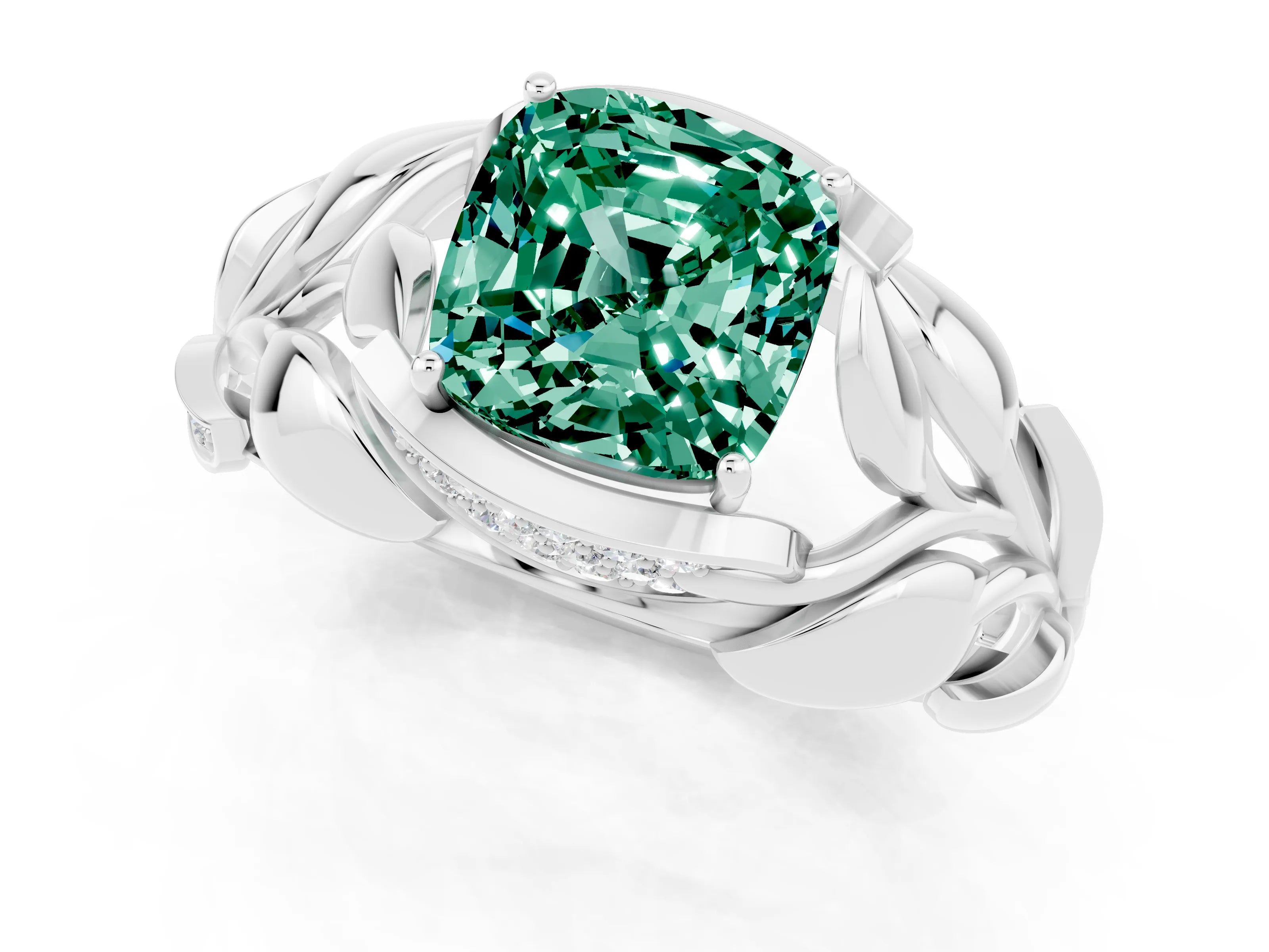 White gold Cushion Cut Solitaire Leaf-Inspired Engagement Ring with Prong Setting_1