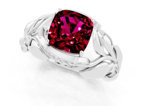 White gold Cushion Cut Garnet Leaf-Inspired Engagement Ring with Round Accents and Prong Setting