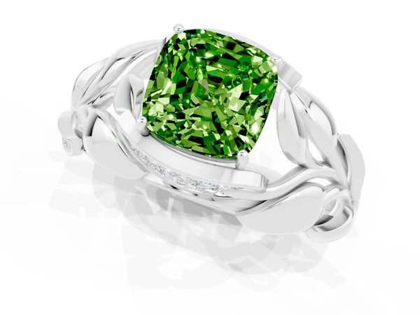 White gold Cushion Cut Solitaire Leaf-Inspired Engagement Ring with Prong Setting