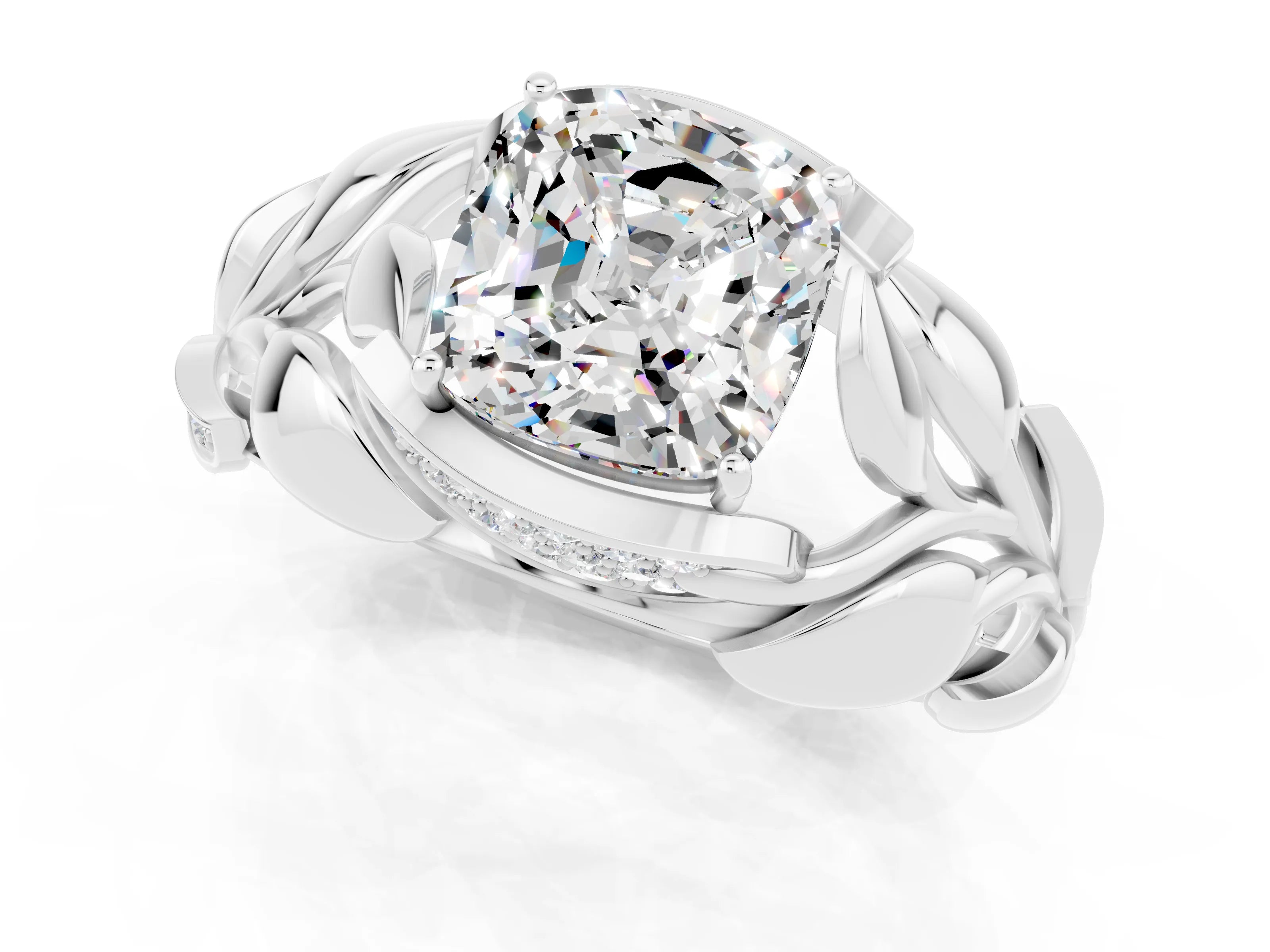 White gold Cushion Cut Solitaire Leaf-Inspired Engagement Ring with Prong Setting_1