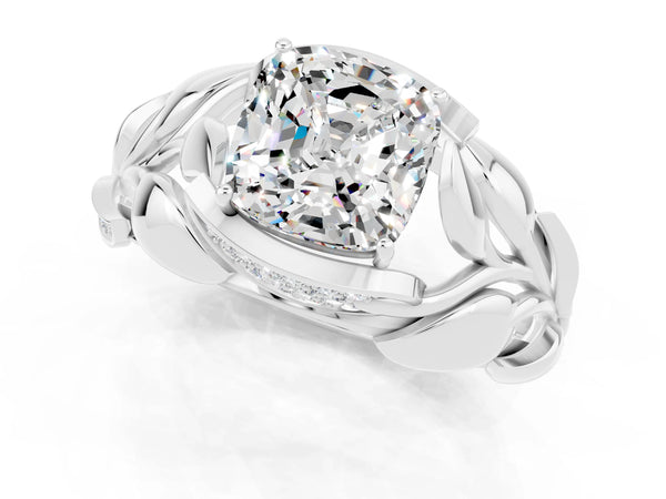 Platinum Cushion Cut Moissanite Leaf-Inspired Engagement Ring with Round Accents and Prong Setting