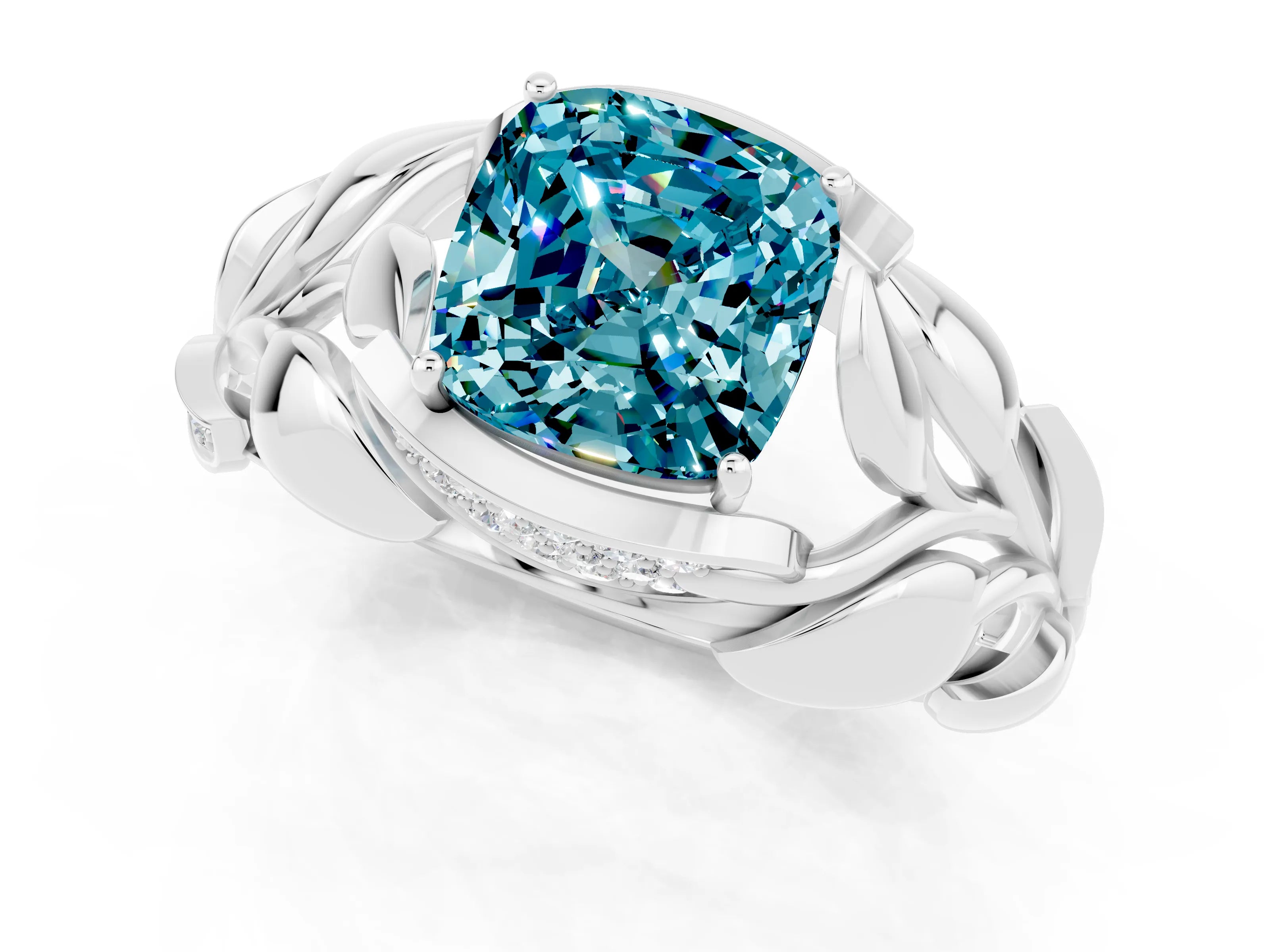 White gold Cushion Cut Solitaire Leaf-Inspired Engagement Ring with Prong Setting_1
