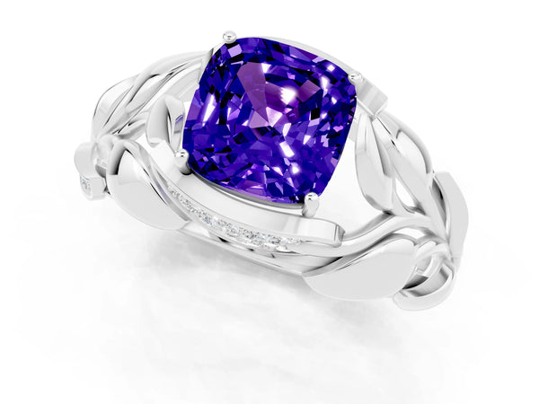 White gold Cushion Cut Tanzanite Leaf-Inspired Engagement Ring with Round Accents and Prong Setting