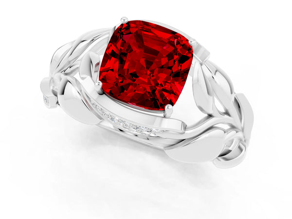 Silver Cushion Cut Ruby Leaf-Inspired Engagement Ring with Round Accents and Prong Setting