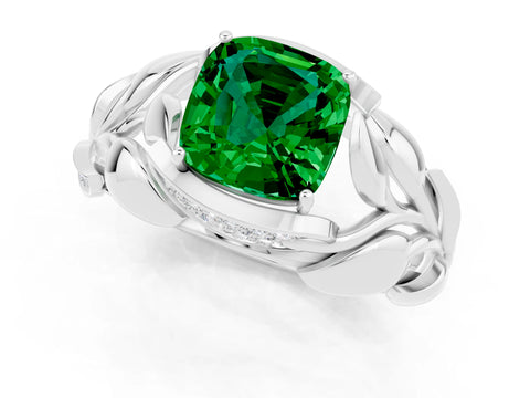 White gold Cushion Cut Solitaire Leaf-Inspired Engagement Ring with Prong Setting_1