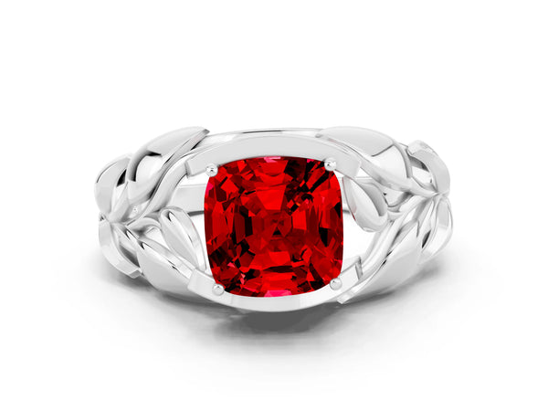 White gold Cushion Cut Ruby Leaf-Inspired Engagement Ring with Round Accents and Prong Setting