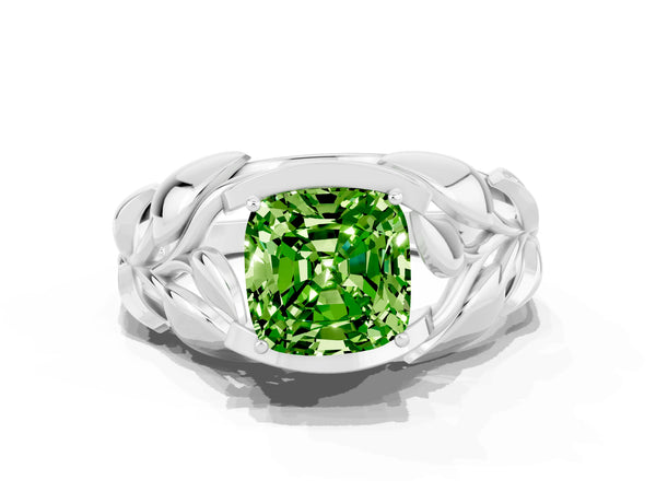 Platinum Cushion Cut Solitaire Leaf-Inspired Engagement Ring with Prong Setting