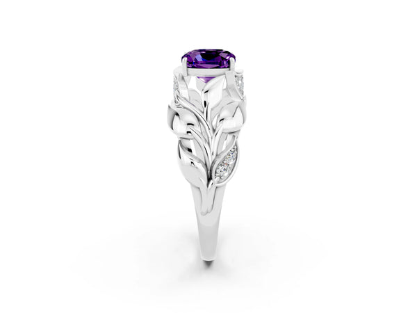 Silver Cushion Cut Amethyst Leaf-Inspired Engagement Ring with Round Accents and Prong Setting