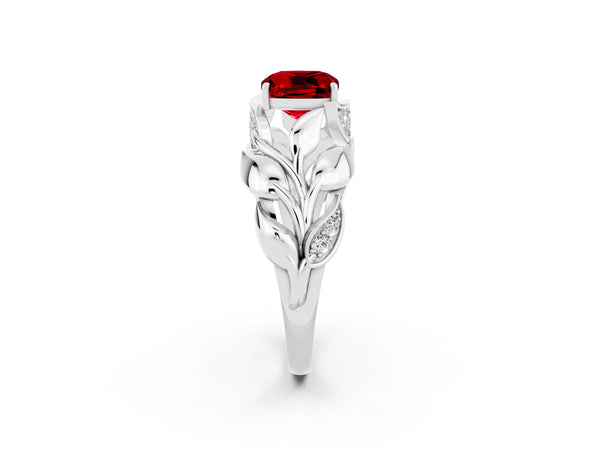 White gold Cushion Cut Ruby Leaf-Inspired Engagement Ring with Round Accents and Prong Setting
