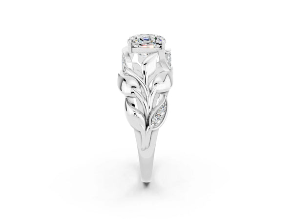 Platinum Cushion Cut Moissanite Leaf-Inspired Engagement Ring with Round Accents and Prong Setting