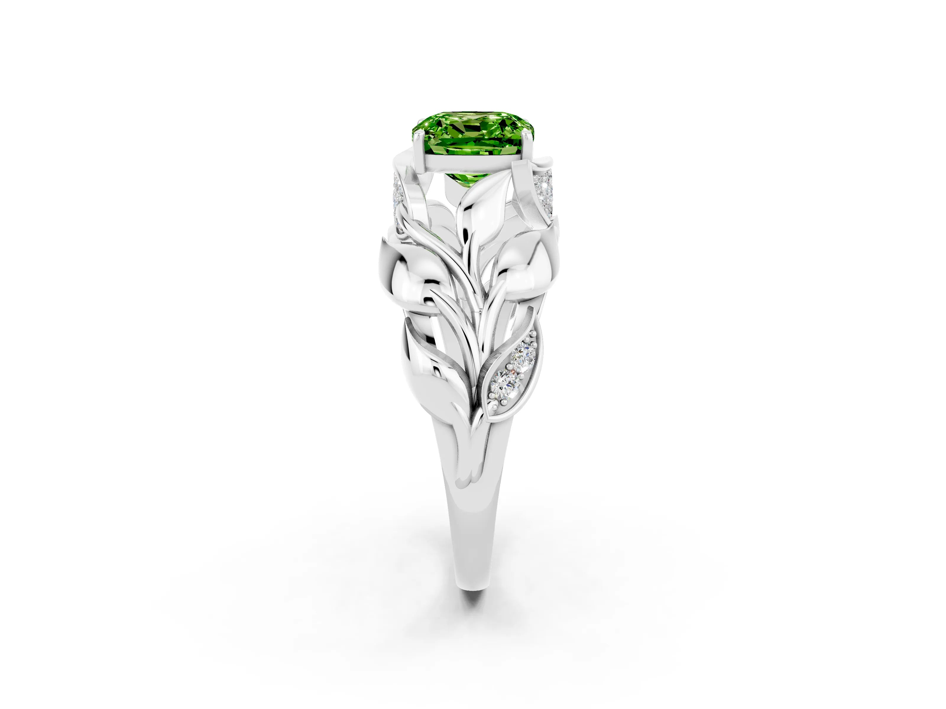 White gold Cushion Cut Solitaire Leaf-Inspired Engagement Ring with Prong Setting_2