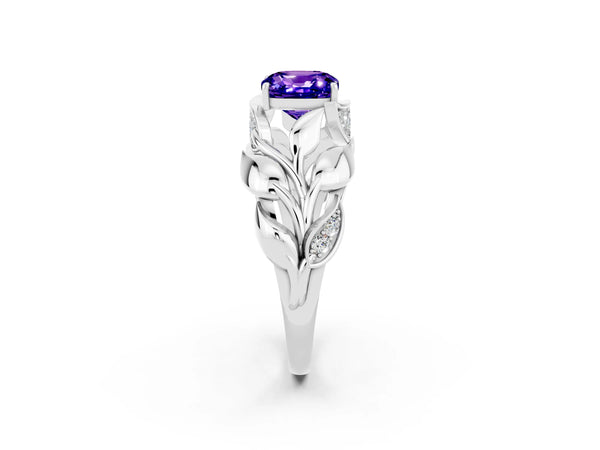 Silver Cushion Cut Tanzanite Leaf-Inspired Engagement Ring with Round Accents and Prong Setting