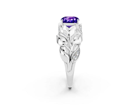 White gold Cushion Cut Solitaire Leaf-Inspired Engagement Ring with Prong Setting_2