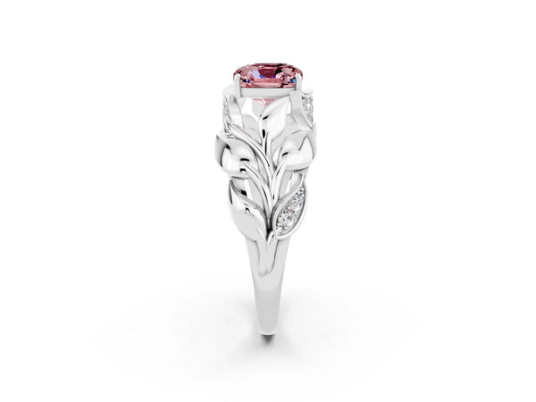 Silver Cushion Cut Solitaire Leaf-Inspired Engagement Ring with Prong Setting