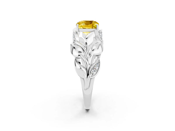 White gold Cushion Cut Yellow Sapphire Leaf-Inspired Engagement Ring with Round Accents and Prong Setting