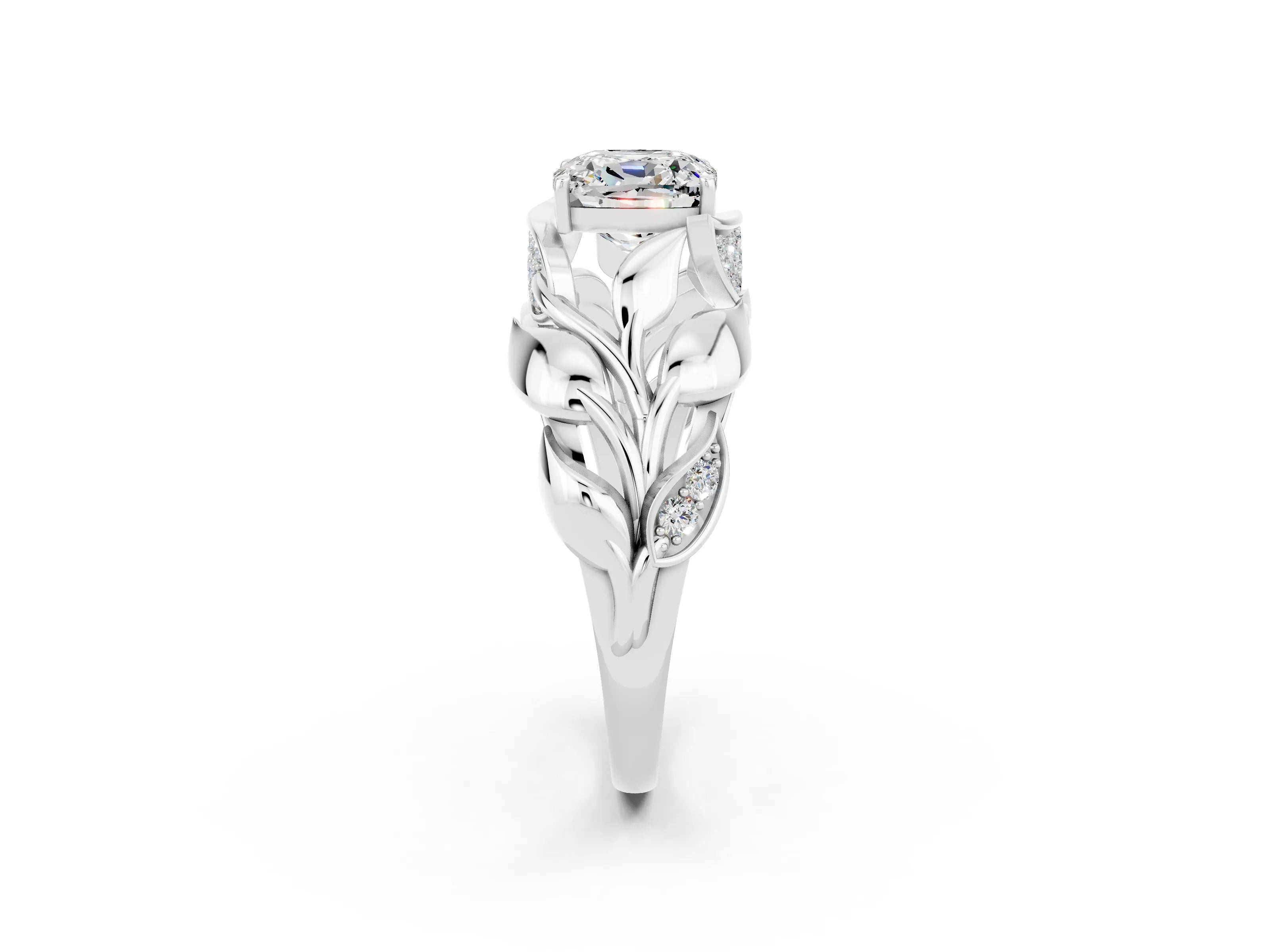 White gold Cushion Cut Solitaire Leaf-Inspired Engagement Ring with Prong Setting_2