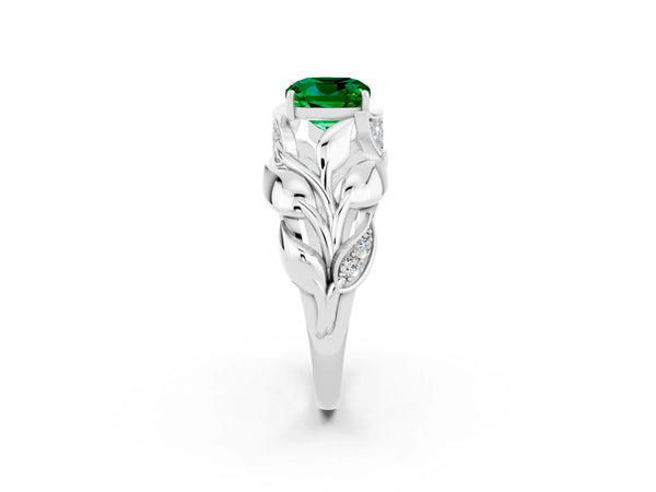 White gold Cushion Cut Emerald Leaf-Inspired Engagement Ring with Round Accents and Prong Setting