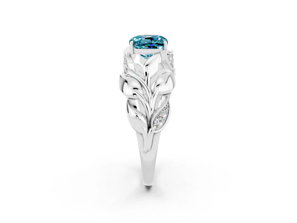 Silver Cushion Cut Solitaire Leaf-Inspired Engagement Ring with Prong Setting