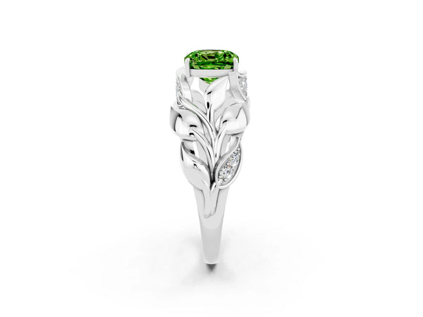 Platinum Cushion Cut Solitaire Leaf-Inspired Engagement Ring with Prong Setting