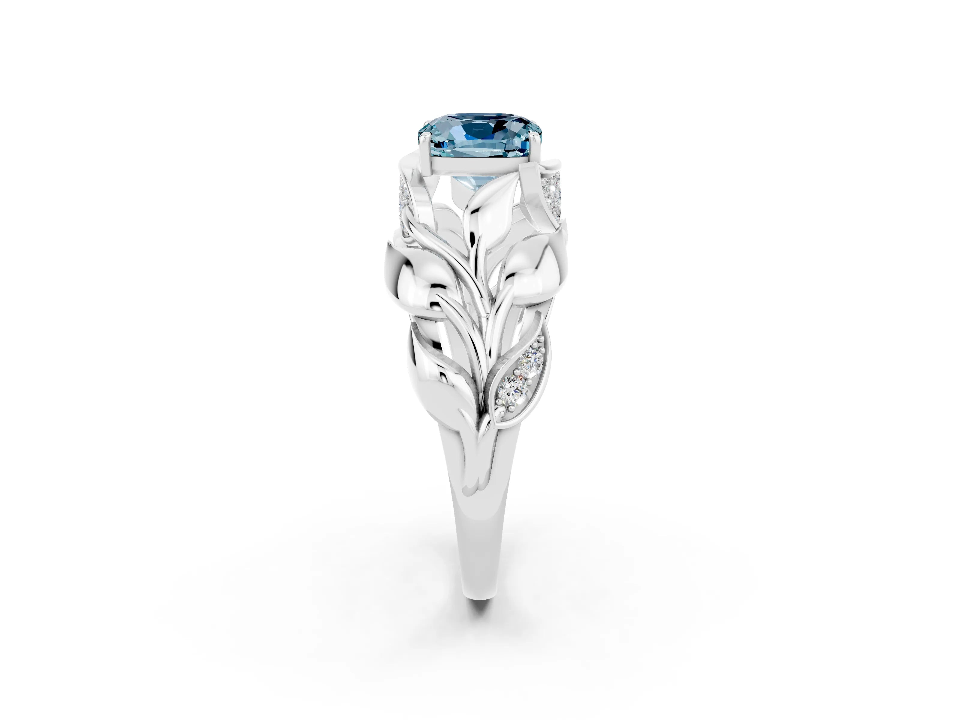 White gold Cushion Cut Solitaire Leaf-Inspired Engagement Ring with Prong Setting_2