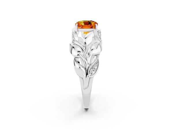 Silver Cushion Cut Citrine Leaf-Inspired Engagement Ring with Round Accents and Prong Setting