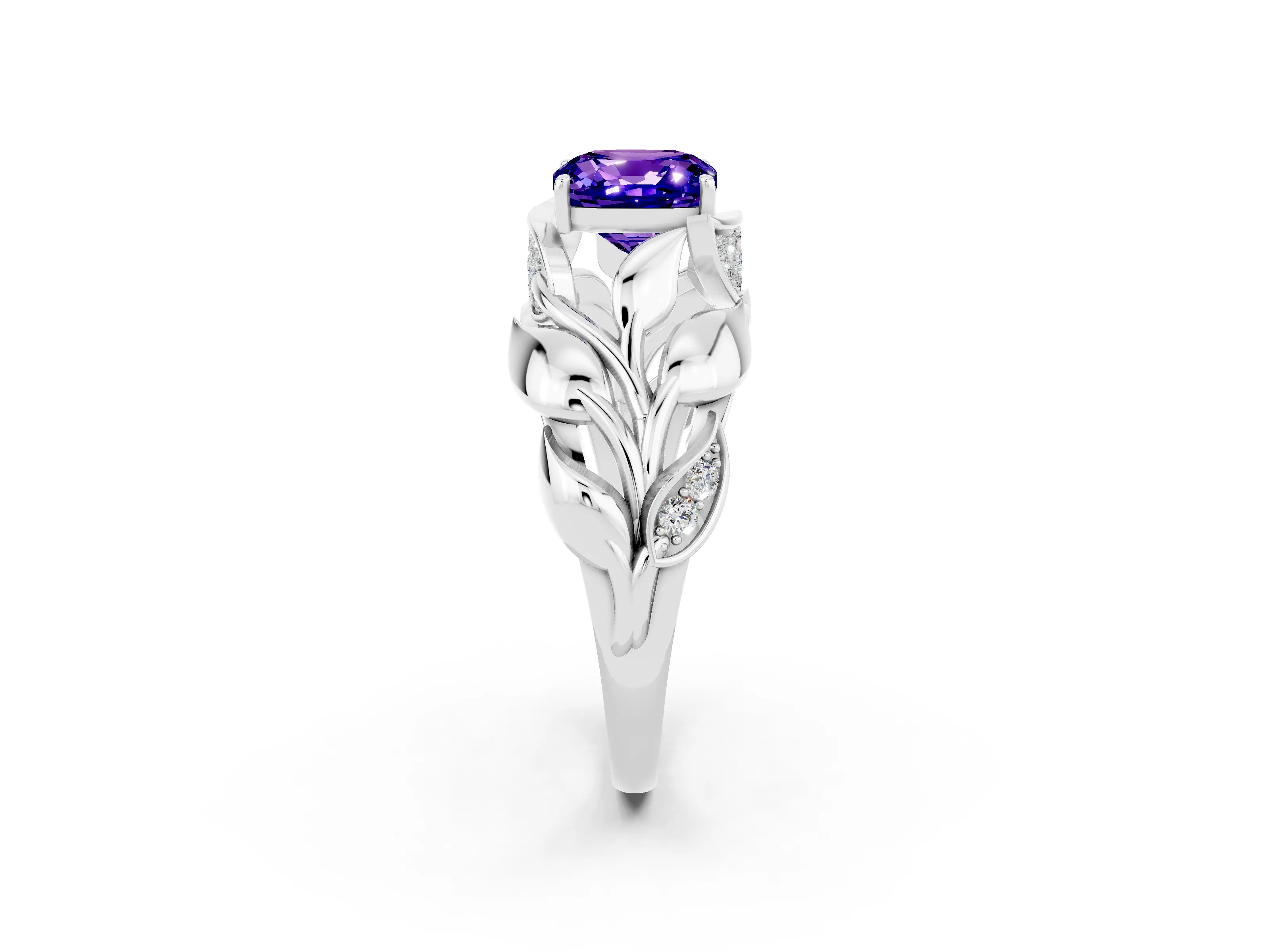 White gold Cushion Cut Solitaire Leaf-Inspired Engagement Ring with Prong Setting_2